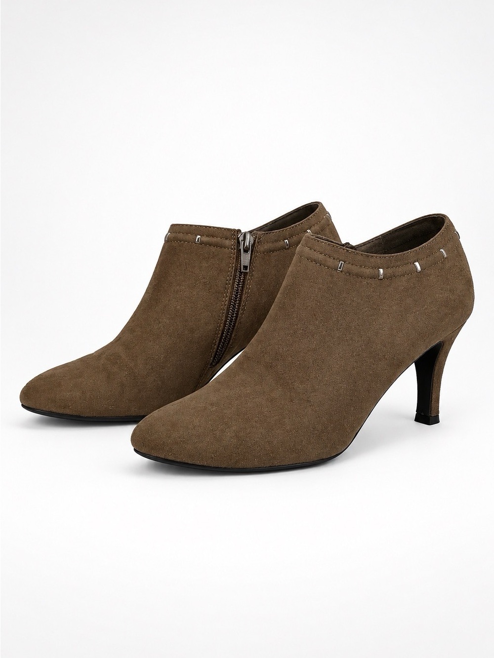 Covington Grayish Taupe Suede Ankle Booties with Side Zip